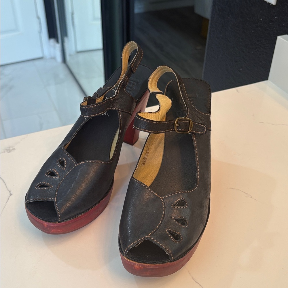 Latino June Cali Black Leather Peep Toe Sandals red rockabilly pinup sexy heels